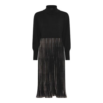 Micha musta neulemekko, jossa raidallinen beigemusta helmaosa