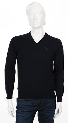 Gantin tummansininen puuvillaneule V-pääntiellä