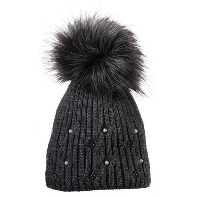 Starling tummanharmaa tupsullinen vuoritettu neulepipo