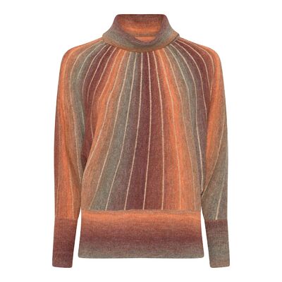 Micha oranssin ja ruskean sävyinen lepakkohihainen neulepusero