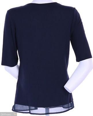 Barbara Lebekin tummansinen trikoopusero, jossa helmassa ja pääntiellä sifonki somisteet.